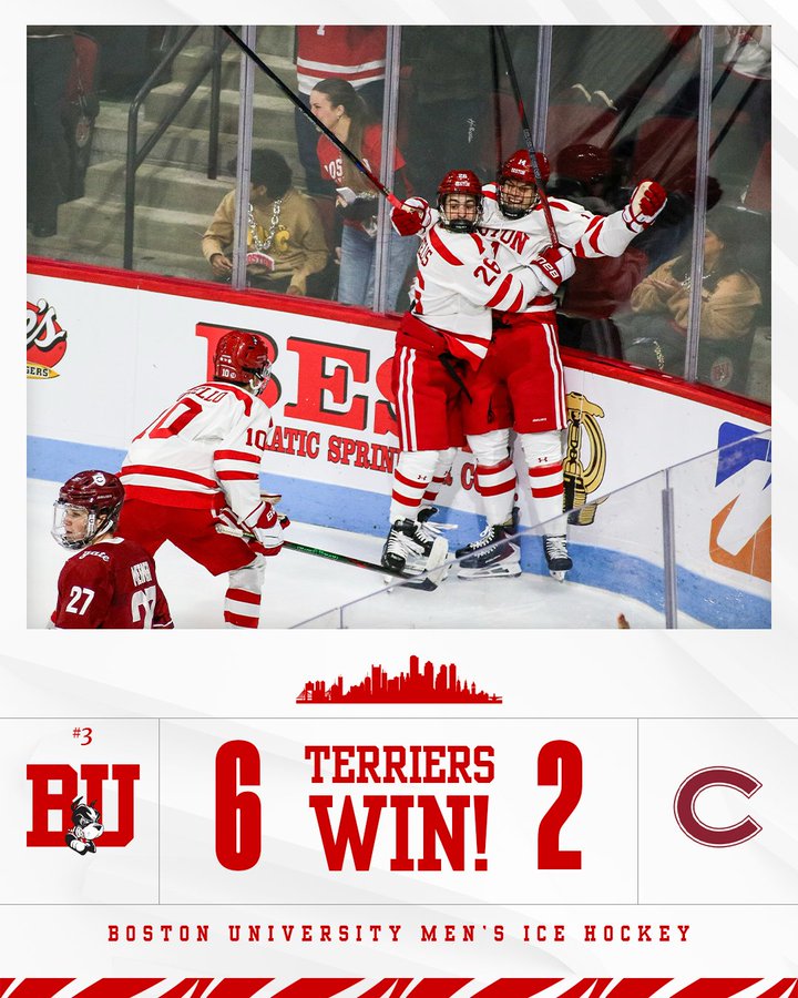 Terriers find their game and skate past Colgate, 6-2; Milestone for Oettinger; Women fall to Raiders