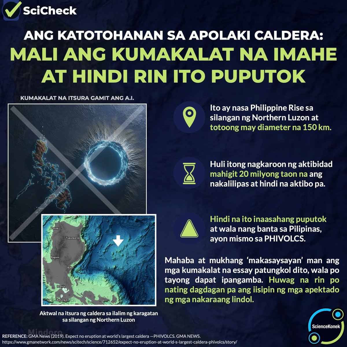 sciencekonek's tweet photo. #SciCheck ๐๐ก๐ ๐๐๐ง๐ข๐ง๐ข๐๐๐ก๐๐ก ๐ฆ๐ ๐๐ฃ๐ข๐๐๐๐ ๐๐๐๐๐๐ฅ๐: ๐ ๐๐๐ ๐๐ก๐ ๐๐จ๐ ๐๐๐๐๐๐ง ๐ก๐ ๐๐ ๐๐๐ ๐๐ง ๐๐๐ก๐๐ ๐ฅ๐๐ก ๐๐ง๐ข ๐ฃ๐จ๐ฃ๐จ๐ง๐ข๐
Tulad po ng viral na post sa Manila Trench, panibagong gawa sa A.I. na naman ang nagdudulot ng pangamba sa mga taong takot na sa mga naganap na lindol nitong nakalipas na araw.
๐ ๐ฎ๐น๐ถ ๐ฎ๐ ๐ฒ๐
๐ฎ๐ด๐ด๐ฒ๐ฟ๐ฎ๐๐ฒ๐ฑ ๐ฝ๐ผ ๐ฎ๐ป๐ด ๐ถ๐น๐๐๐๐ฟ๐ฎ๐๐๐ผ๐ป ๐ป๐ด ๐๐ฝ๐ผ๐น๐ฎ๐ธ๐ถ ๐๐ฎ๐น๐ฑ๐ฒ๐ฟ๐ฎ ๐๐ฎ ๐บ๐ด๐ฎ ๐ธ๐๐บ๐ฎ๐ธ๐ฎ๐น๐ฎ๐ ๐ป๐ฎ ๐ฝ๐ผ๐๐. Totoong nasa 150 km ang diyametro nito, pero hindi ito sobrang laki na tila ba kayang sakupin ang halos buong Luzon.
๐ ๐ฎ๐๐ฎ๐ด๐ฎ๐น ๐ป๐ฎ๐ป๐ด ๐๐ฎ๐ฝ๐ผ๐ ๐ฎ๐ป๐ด ๐ฎ๐ธ๐๐ถ๐ฏ๐ถ๐ฑ๐ฎ๐ฑ ๐๐ฎ ๐๐ฝ๐ผ๐น๐ฎ๐ธ๐ถ ๐๐ฎ๐น๐ฑ๐ฒ๐ฟ๐ฎ. Higit 20 milyong taon na ang nakakalipas mula nang tumigil ang aktibidad sa lugar kung nasaan ang nasabing caldera at tulad ng maraming hindi na aktibong bulkan, hindi na rin ito inaasahang 'mabubuhay' pa.
๐๐ถ๐ป๐ฑ๐ถ ๐ป๐ฎ ๐ถ๐ป๐ฎ๐ฎ๐๐ฎ๐ต๐ฎ๐ป๐ด ๐ฝ๐๐ฝ๐๐๐ผ๐ธ ๐ฝ๐ฎ ๐ฎ๐ ๐๐ฎ๐น๐ฎ๐ป๐ด ๐ฏ๐ฎ๐ป๐๐ฎ ๐๐ฎ ๐ฃ๐ถ๐น๐ถ๐ฝ๐ถ๐ป๐ฎ๐ ๐ฎ๐ป๐ด ๐ป๐ฎ๐๐ฎ๐ฏ๐ถ๐ป๐ด ๐ฐ๐ฎ๐น๐ฑ๐ฒ๐ฟ๐ฎ, ayon mismo sa PHIVOLCS.
Mahaba at mukhang โmakasaysayanโ man ang mga kumakalat na essay patungkol dito, wala po tayong dapat ipangamba. ๐๐๐๐ฎ๐ด ๐ป๐ฎ ๐ฟ๐ถ๐ป ๐ฝ๐ผ ๐ป๐ฎ๐๐ถ๐ป๐ด ๐ฑ๐ฎ๐ด๐ฑ๐ฎ๐ด๐ฎ๐ป ๐ฝ๐ฎ ๐ฎ๐ป๐ด ๐ถ๐ถ๐๐ถ๐ฝ๐ถ๐ป ๐ป๐ด ๐บ๐ด๐ฎ ๐ฎ๐ฝ๐ฒ๐ธ๐๐ฎ๐ฑ๐ผ ๐ป๐ด ๐บ๐ด๐ฎ ๐ป๐ฎ๐ธ๐ฎ๐ฟ๐ฎ๐ฎ๐ป๐ด ๐น๐ถ๐ป๐ฑ๐ผ๐น. #EarthquakePH #TsunamiPH