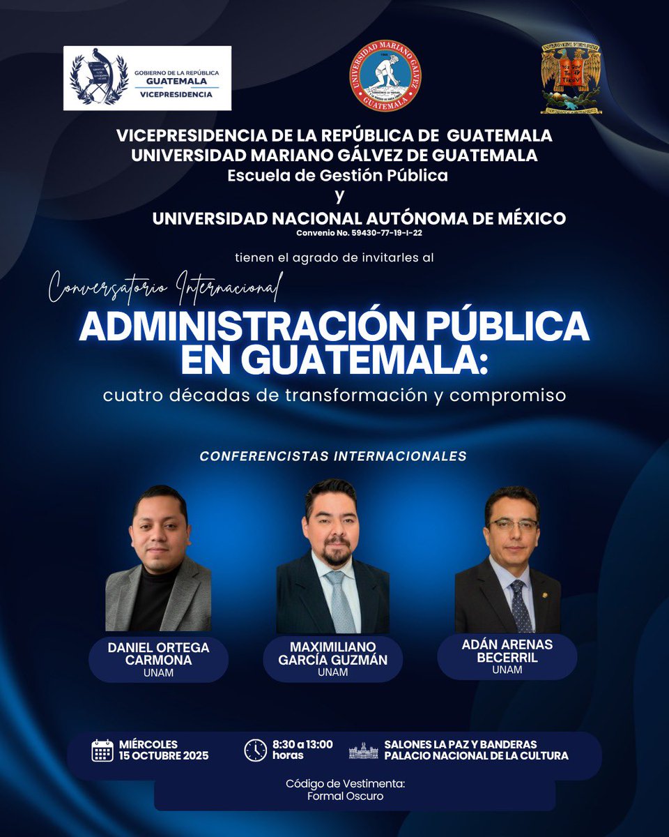 La próx. semana tendré el honor de impartir una conferencia magistral sobre las administraciones públicas en AL. 

Agradezco invitación de <a href="/ViceGuatemala/">Vicepresidencia de Guatemala</a> y de Escuela de  Gestión Pública de <a href="/marianogalvez/">Universidad Mariano Gálvez de Guatemala</a> .

Un privilegio participar con los queridos Adán Arenas y <a href="/Dan_OrtCar/">Daniel Ortega Carmona</a> .