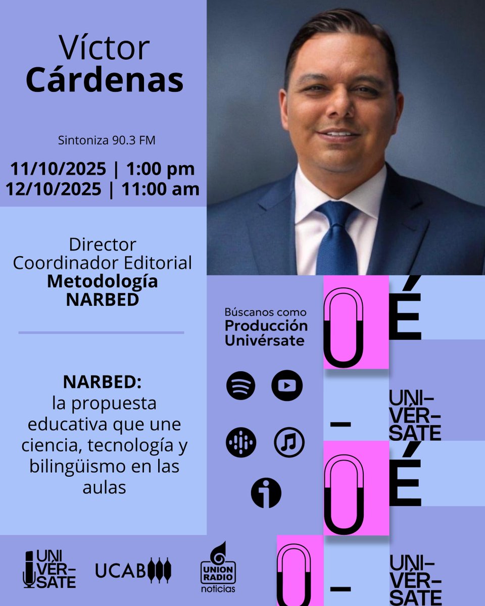 La ULA impulsa la metodología NARBED para transformar la enseñanza tradicional y preparar a los estudiantes para los retos del siglo XXI. Sobre esto hablaremos mañana, a la 1:00 pm, con Omar Pérez y Víctor Cárdenas.

Escúchanos por: 
📻 90.3 FM (CCS) 
💻 mundour.com/live-urn