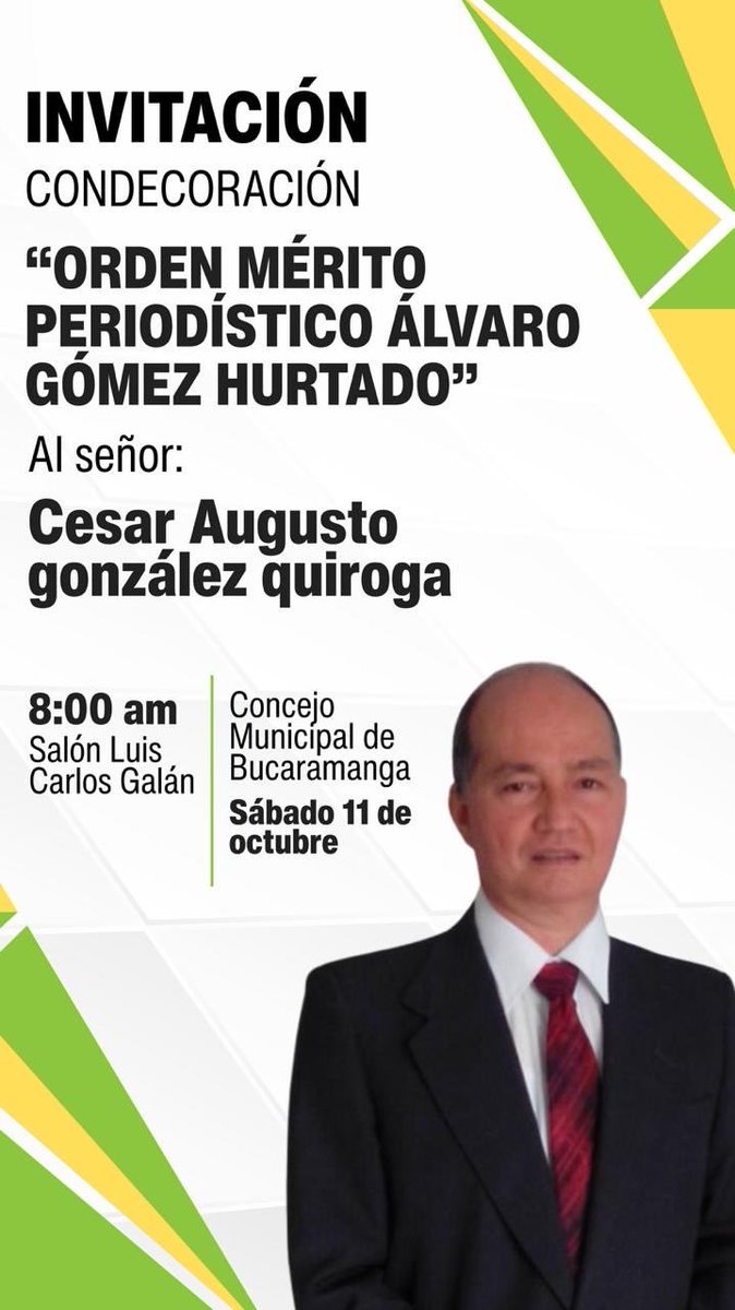 El @ConcejoBGA otorgará la Orden Mérito Periodístico Álvaro Gómez Hurtado al periodista César Augusto González, en reconocimiento a su trayectoria y compromiso con la verdad e información. 🎙️ Desde
<a href="/CaracolBga/">Caracol Bucaramanga</a> celebramos este merecido homenaje a uno de nuestros periodistas