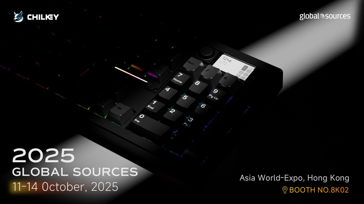 Chilkeykeeb's tweet image. 🕹️ Chilkey at Global Sources Expo, HK 2025
Your keyboard journey starts here, Hong Kong! ✨

Join us from Oct 11–14
📍 Booth 8K02, Asia World-Expo, Hong Kong

Great feel. No big deal.
🎮 Try it yourself – and see how easy it is to love a Chilkey.

👉 See you there!

#Chilkey…