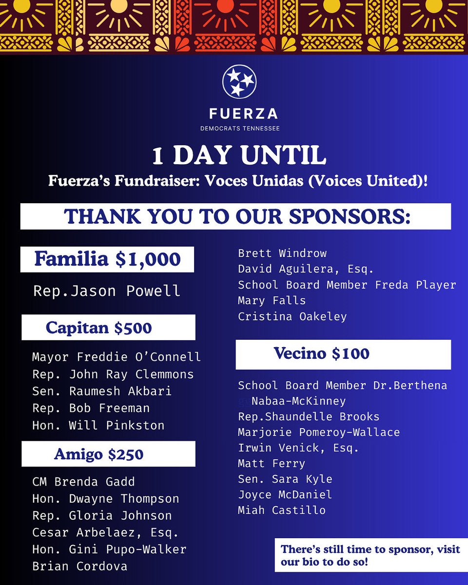 With only ONE DAY to go until our Voces Unidas Event, we extend our gratitude to our generous sponsors for their support.

📆➡️Secure your ticket or become a sponsor before it’s too late!

RVSP here: secure.actblue.com/donate/vocesun…