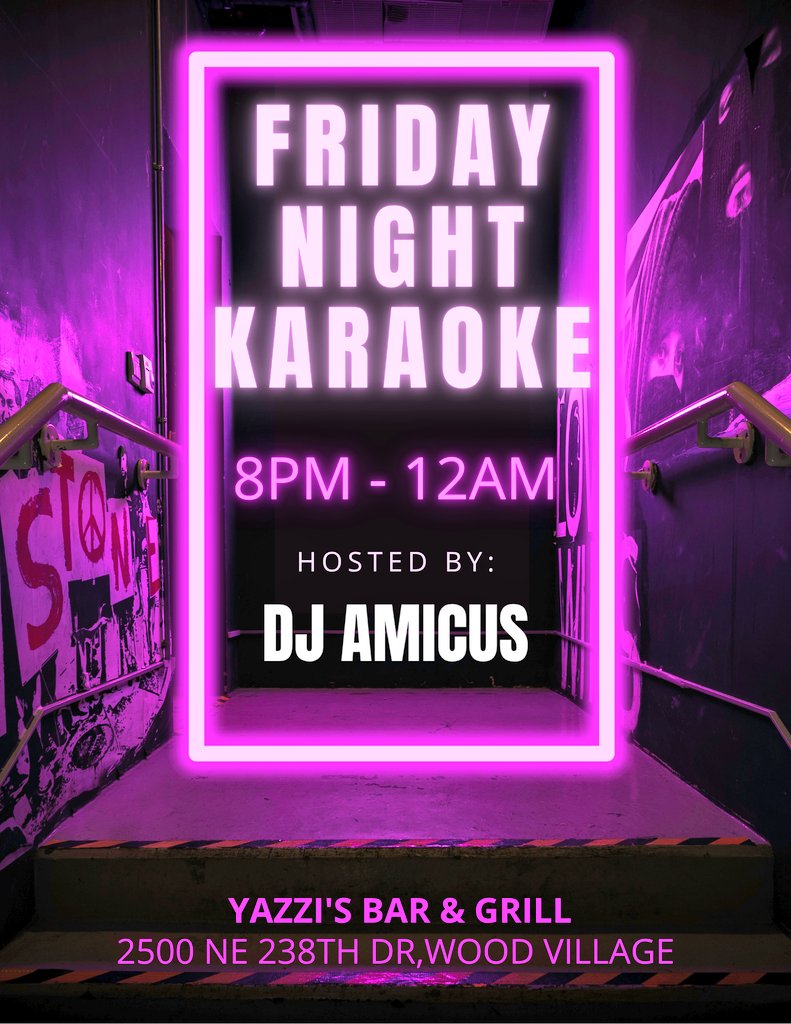 DJ_AMICUS's tweet photo. No plans tonight? Now you do! Karaoke at Yazzi's Bar &amp; Grill starts at 8pm. Bring your singing buddies and make it a night to remember! Food/drinks served.

Yazzi's Bar &amp; Grill 
2500 NE 238th Dr, Wood Village https://t.co/cJUA54sZQ4