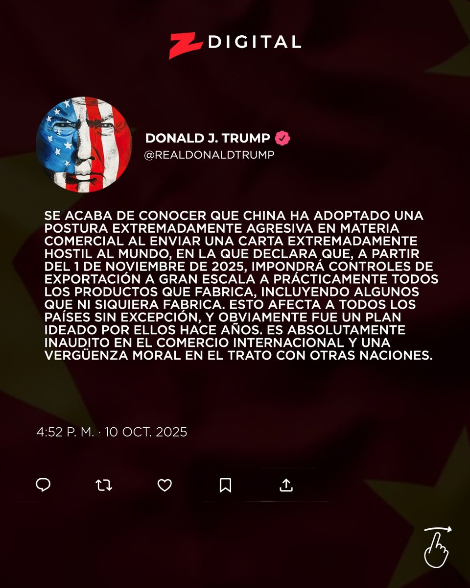 z101digital's tweet image. 👨🏻‍💻 @realDonaldTrump en Truth:

“Se acaba de conocer que China ha adoptado una postura extremadamente agresiva en materia comercial al enviar una carta extremadamente hostil al mundo…”

#Z101 #ZDigital #TruthSocial #Trump #China #exportación #EEUU