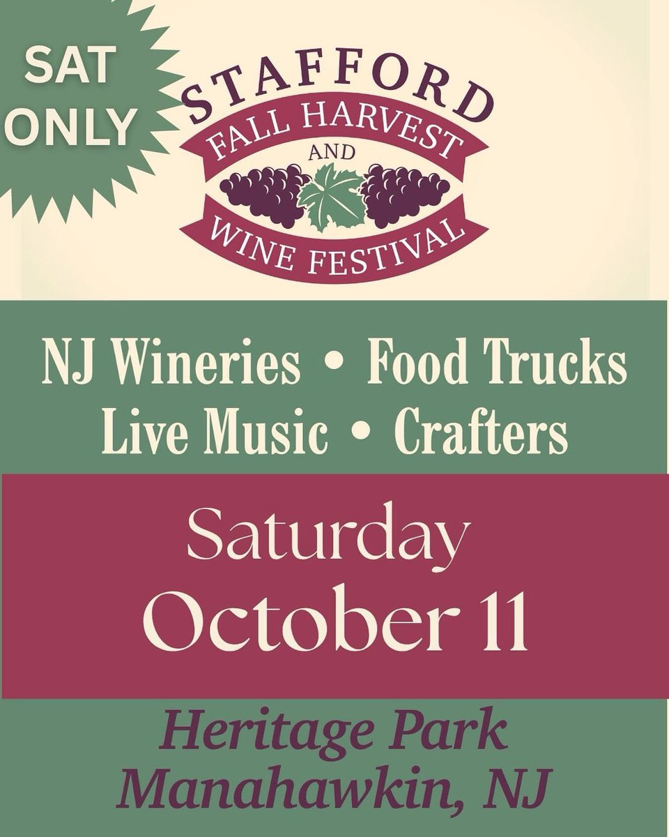 The Stafford Fall Harvest &amp; Wine Festival 🍇 IS ON for tomorrow, Sat, Oct 11! 🎶 Food trucks, wine tastings &amp; local artisans await! 🌽
☔ All festivities are SATURDAY ONLY — no events Sunday. Don’t miss it! #StaffordNJ #FallFestival