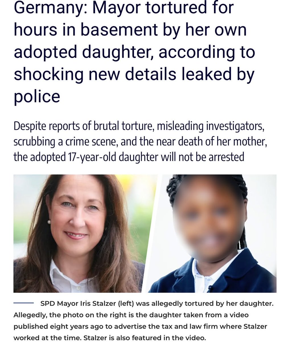 Mrgunsngear's tweet image. Lefty German mayor adopts two "migrants" and they tie her up in the basement, adopted daughter enriches the mother by stabbing her 13 times in the torso and attempts to light her on fire using deodorant spray but failed to burn her to death.
Adopted 15 year old son was found…