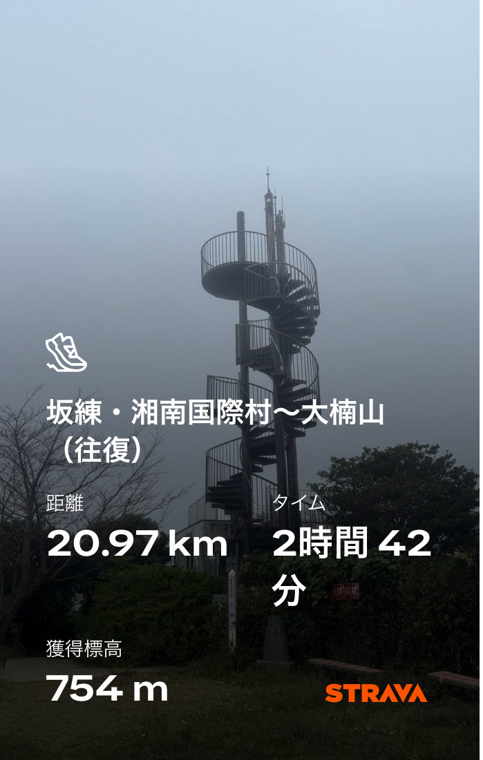 今朝は湘南国際村登って、大楠山登って降りて登り返して帰ってきました。

初めて大楠山の登りの林道を走り通せた！

#朝ラン #トレラン #大楠山 #へっぴり坂