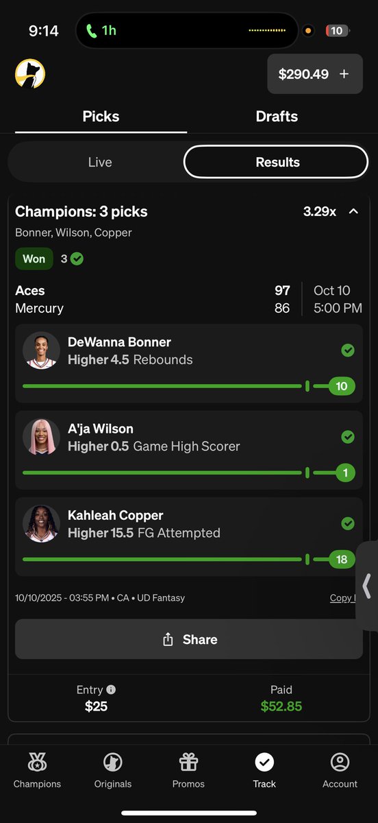 jnbravo_'s tweet photo. @UDSupport the payouts are wrong on today’s game for WNBA. Slip 1 $25 with 3.29x multiplier is not $52. Slip 2 $10 with 25.49x multiplier is not $186. Please correct Payouts https://t.co/Y3TwkoO1D8