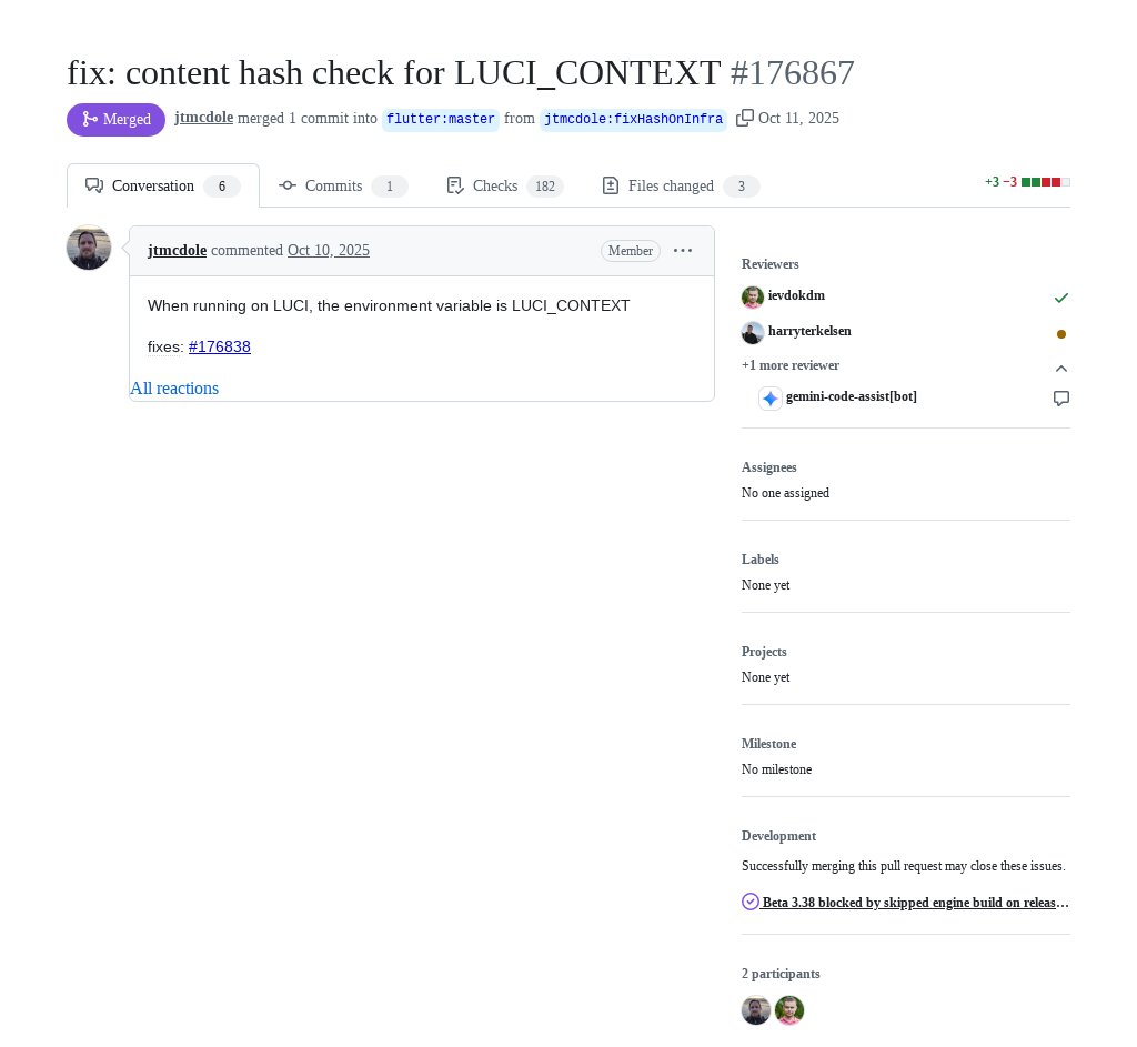 FlutterMerge's tweet image. "fix: content hash check for LUCI_CONTEXT" by John "codefu" McDole was merged into #Flutter master github.com/flutter/flutte…