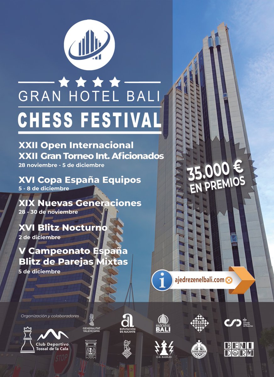 revistaPDR's tweet image. ♟️🏆 XXII Festival Internacional @AjedrezBali 📅 28 de noviembre al 8 de diciembre 📍 Gran Hotel Hotel Bali ⭐⭐⭐⭐ (Benidorm - Alicante) 💰 La bolsa de premios asciende a más de 35.000 € 🏖️🌴 ¡Un marco ideal para combinar #ajedrez y playa! 🔗 ajedrezenelbali.com