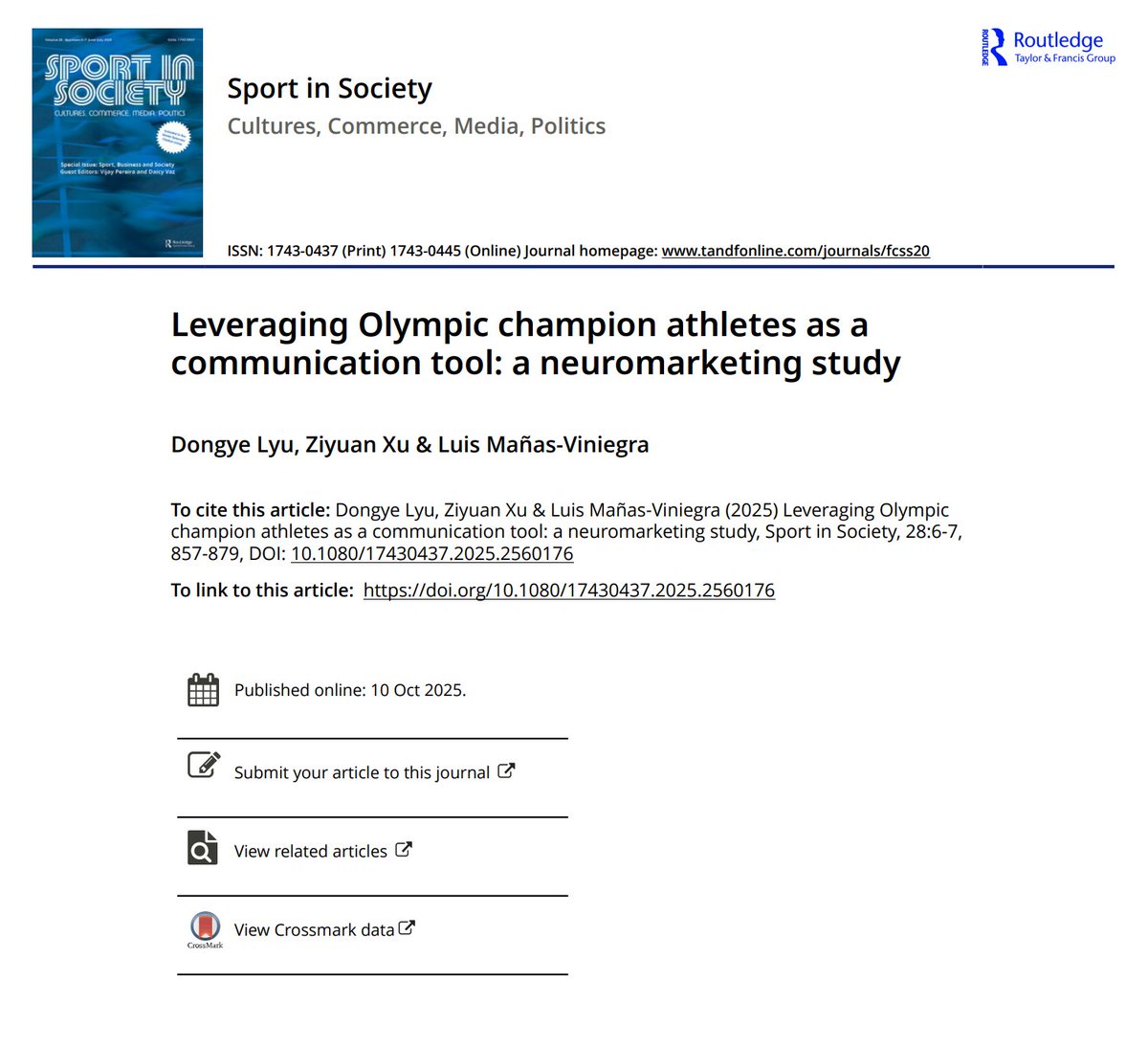 Very happy to see part of my PhD work published in the prestigious journal Sport in Society (<a href="/tandfonline/">Taylor & Francis Research Insights</a>). Grateful to my collaborators and the editors for their support!