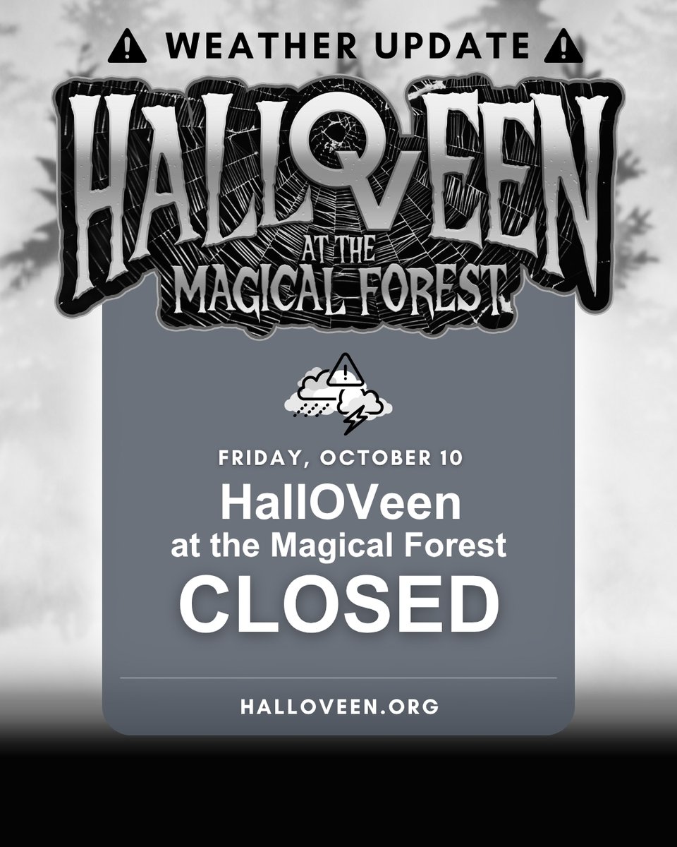 MagicalForestOV's tweet photo. 🚨 Park Update: HallOVeen at the Magical Forest will be closing for the remainder of tonight, October 10, due to the weather.

Please stay tuned for any updates by following @MagicalForestOV, or check our website at https://t.co/dlwFLK903m.

We apologize for any inconvenience. https://t.co/ou5e62JpsN