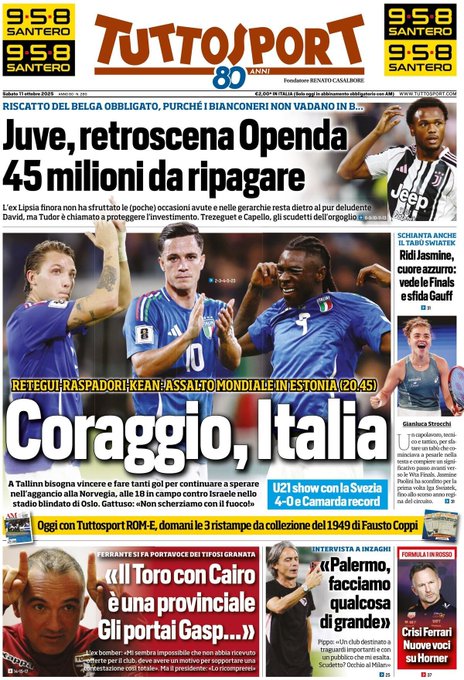 Front page Tutto Sport Saturday 11 October 2025 / Prima Pagina Tutto Sport