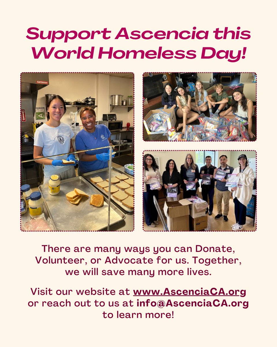 AscenciaCA's tweet image. Today, on #WorldHomelessDay, we raise awareness about the needs of people currently experiencing homelessness, promote work in local communities that alleviates suffering and prevents death, and celebrate the progress made through hard work. Thank you for supporting Ascencia!