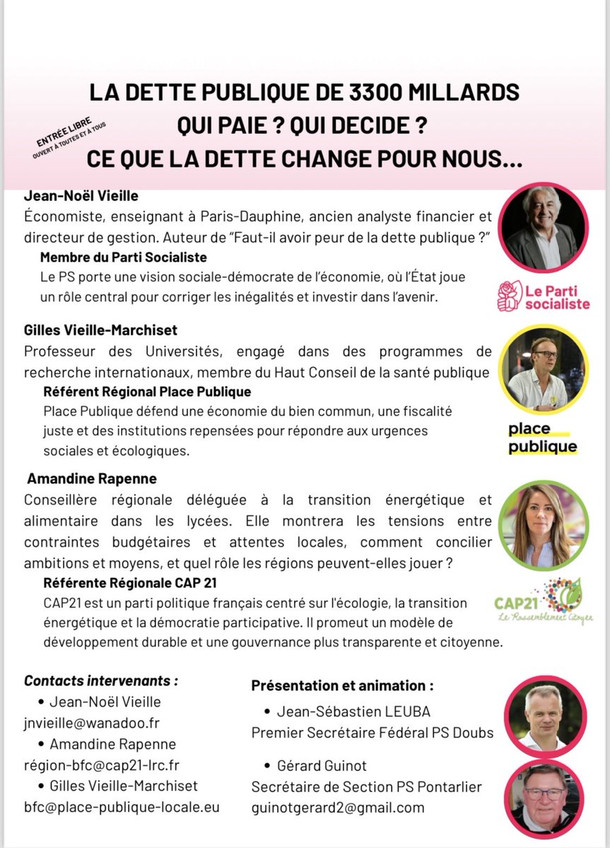 Heureux d’avoir porté ce soir à Pontarlier, avec des bénévoles, cette conf. sur la dette publique aux côtés de partis engagés et actifs sur notre département. 
Un vrai moment d’échanges sur le rôle de l’État, des collectivités et des finances publiques au service du bien commun !