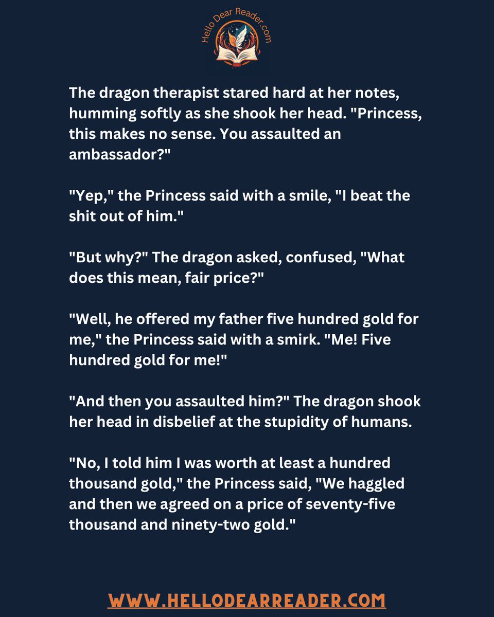 jason_delph's tweet image. Princess &amp;amp; the Dragon Therapist: Fair Price [154]
Read them all here:
rfr.bz/tfc09bc
#CozyFantasy #HelloDearReader #NanoFiction #MicroFiction #BookLovers #FantasyReads