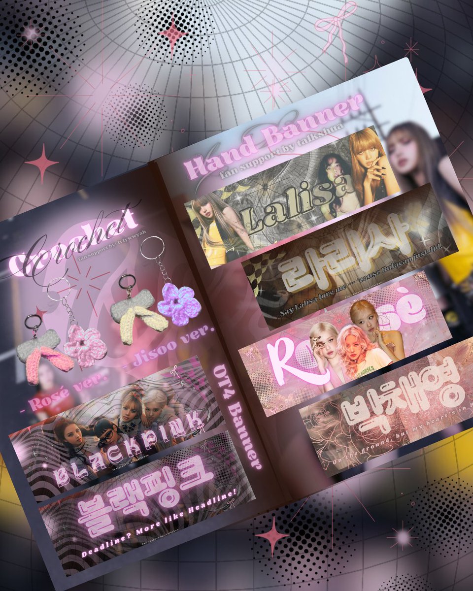 blackpink ‘deadline’ tour in bulacan fan support by <a href="/talkshua/">piattos | ahof the passage</a>

📍 ph arena
📅 day 1 &amp; 2

♡ member hand banners
♡ fanmade pocas
♡ crochet keychain w/ 2 designs (by <a href="/lvlywwyah/">salamin ni wonwoo</a>)

follow, rt &amp; like the post. 
see comsec ♡

#BLACKPINK_DEADLINE_in_BULACAN #DEADLINE_TOUR #BLACKPINK