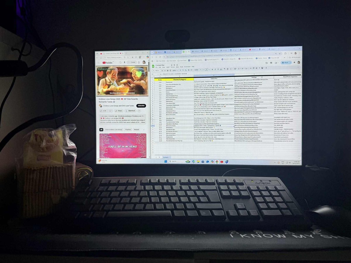 leadwayva's tweet photo. Unfiltered VA life: snacks + spreadsheets + Music 🎶😂 #BehindTheScenes #VALifestyle #WorkVibes https://t.co/ENjOiTqzp1