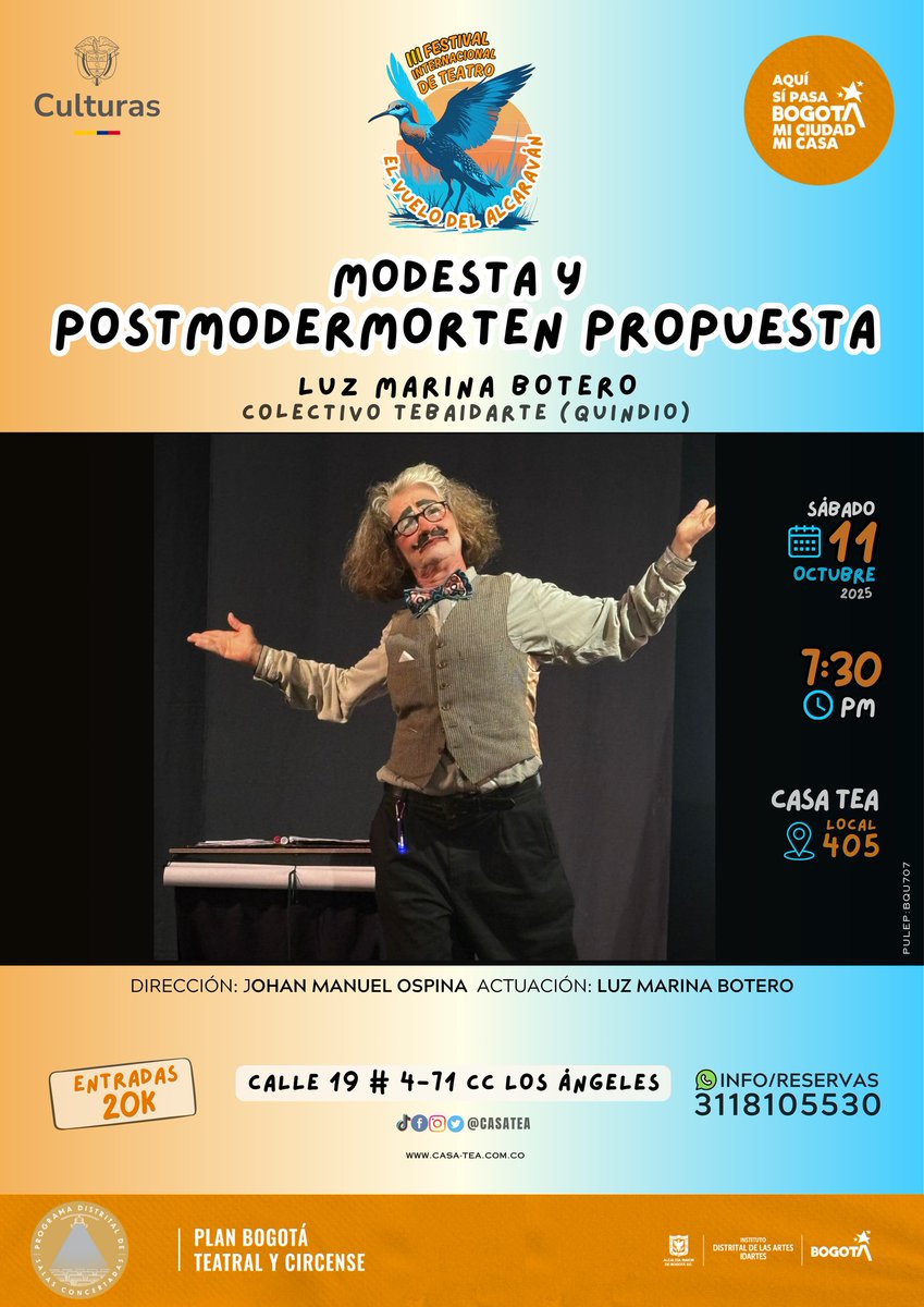 🦅Somos CASA TEA,la casa del TeatroEstudioAlcaraván y con mucha emoción los invitamos a nuestra Tercera VersiónDel Festival InternacionalDe Teatro“El Vuelo Del Alcaraván”en el 
🔴CENTRO COMERCIAL LOS ÁNGELES/CORREDOR CULTURAL🟢
🎉Acompáñanos del 3 al 12 de octubre🎉¡TE ESPERAMOS!