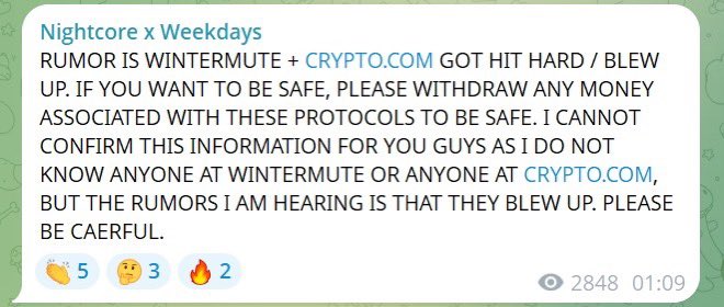 Screenshot of rumor about Wintermute and Crypto.com blow-up