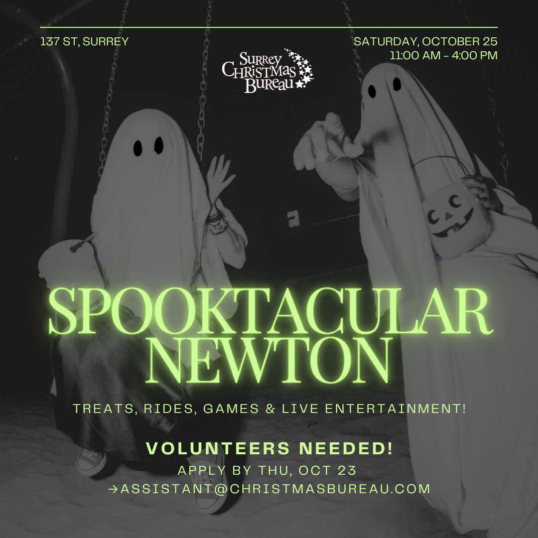 🎉 October is full of community fun in Surrey!

Join the Surrey Christmas Bureau on:

📅 Oct 16 - AGM (Zoom)
📅 Oct 18 - Red FM Diwali Dhamaka
📅 Oct 25 - Newton BIA Spooktacular

✨ Volunteers needed: Email assistant@christmasbureau.com!

#SurreyChristmasBureau #VolunteerSurrey