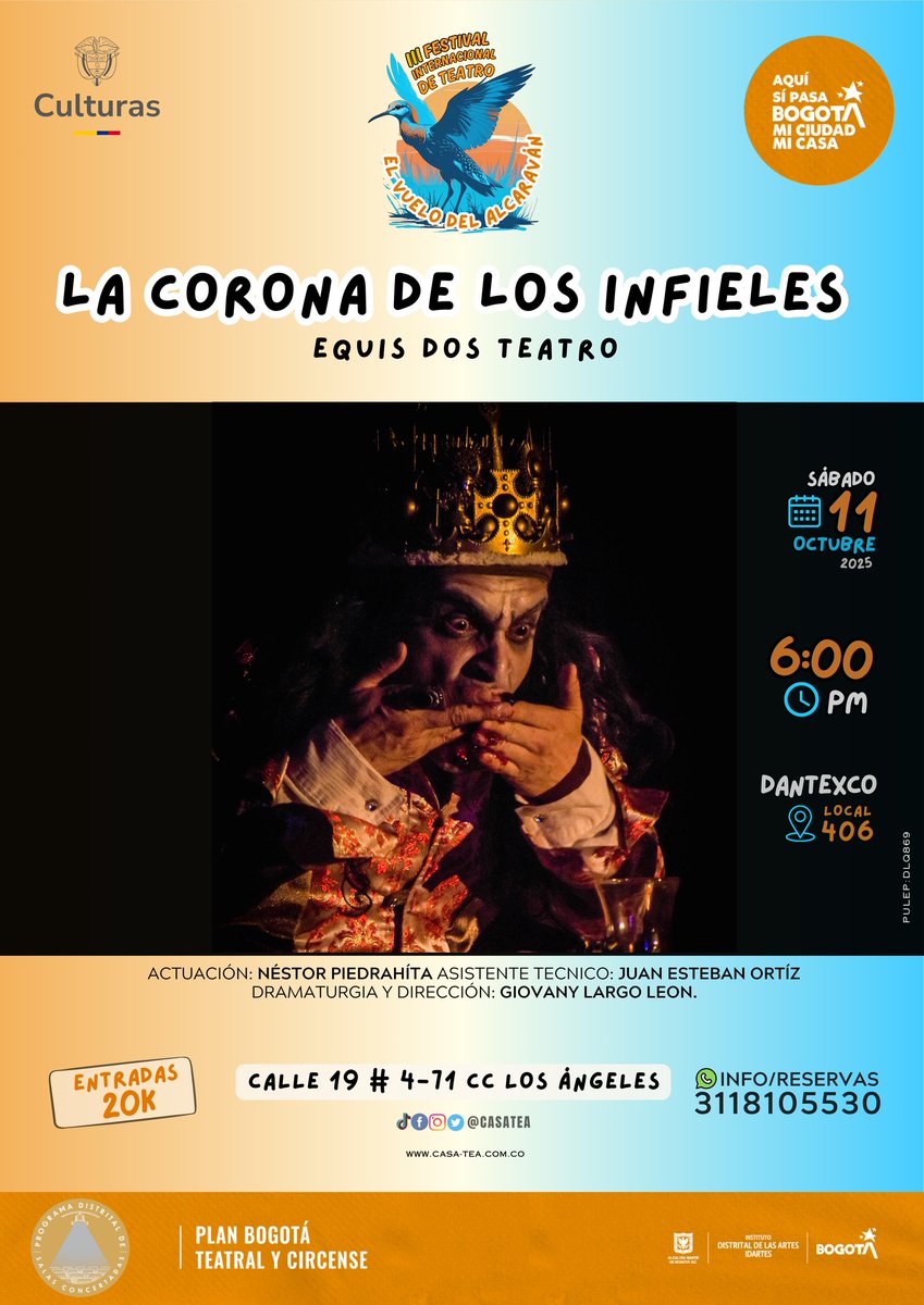 🦅Somos CASA TEA,la casa del TeatroEstudioAlcaraván y con mucha emoción los invitamos a nuestra Tercera VersiónDel Festival InternacionalDe Teatro“El Vuelo Del Alcaraván”en el 
🔴CENTRO COMERCIAL LOS ÁNGELES/CORREDOR CULTURAL🟢
🎉Acompáñanos del 3 al 12 de octubre🎉¡TE ESPERAMOS!
