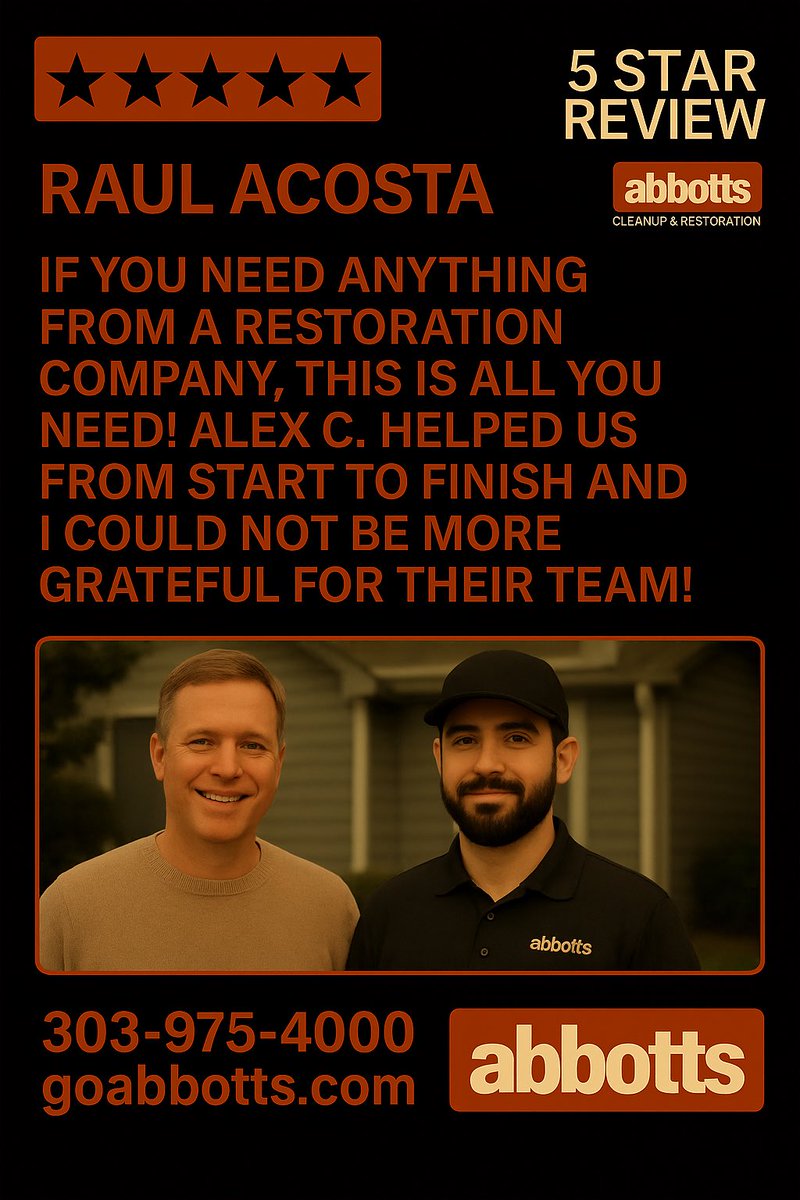 AbbottFireFlood's tweet image. ⭐️ 5-Star Service. 5-Star People. ⭐️

👏 Amazing job, Alex C., for delivering excellence from start to finish!

📞 303-975-4000
🌐 goabbotts.com
#GoAbbotts #HelpingPeopleAndPropertyRecover #RestorationExperts #WaterDamage #FireDamage #MoldRemediation #DenverRestoration