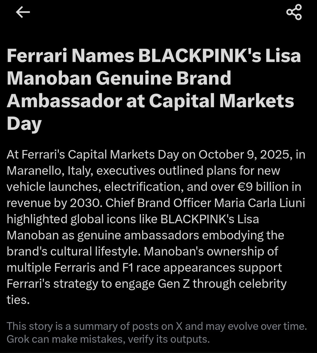 #LISA is currently trending on X for "Lisa Manobal Genuine Brand Ambassador at Capital Markets Day"

Ferrari Chief Brand Officer Maria Carla Liuni highlighted global icons like bp's Lisa Manobal as genuine ambassadors embodying the brand's cultural lifestyle.
<a href="/Ferrari/">Ferrari</a> <a href="/wearelloud/">LLOUD</a>