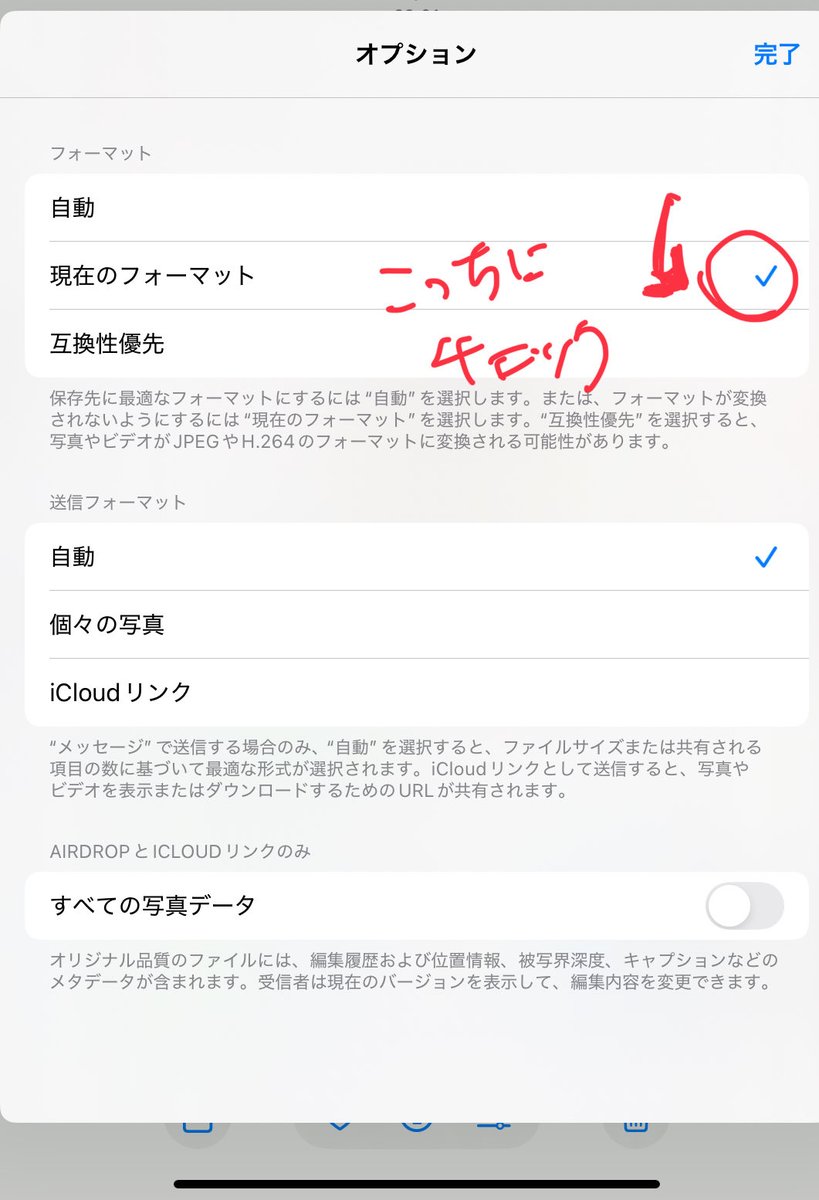 iPhone iPadからDiscordに画像送る時に透過にならない問題について、オプションから現在のフォーマットにチェック入れるとできるよ〜　というのをね　神も最近知ったのでここにお裾分けや