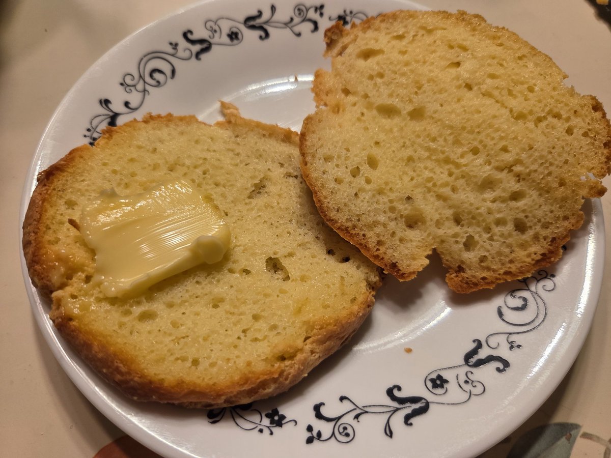 MichaelTillotsn's tweet photo. I've been using the butter powder biscuit recipe by @CaryKelly11 and loving it. I only use one egg, two eggs is too eggy. For one cup of butter powder, I also added a tablespoon of beef collagen, a teaspoon of baking powder, and two tablespoons of water. The collagen seems to help it stay fluffy as it cools, but also makes it dryer. A little water fixes this. I like to make them a little larger, so I bake them at 300° for 30 minutes to get them cooked to the center. I also tried it sweetened with allulose, and it was a little like a cake donut.

I bought some cheaper butter powder to begin with, and the biscuits were too salty. The brand I bought recently has a lot less sodium and makes them way better.