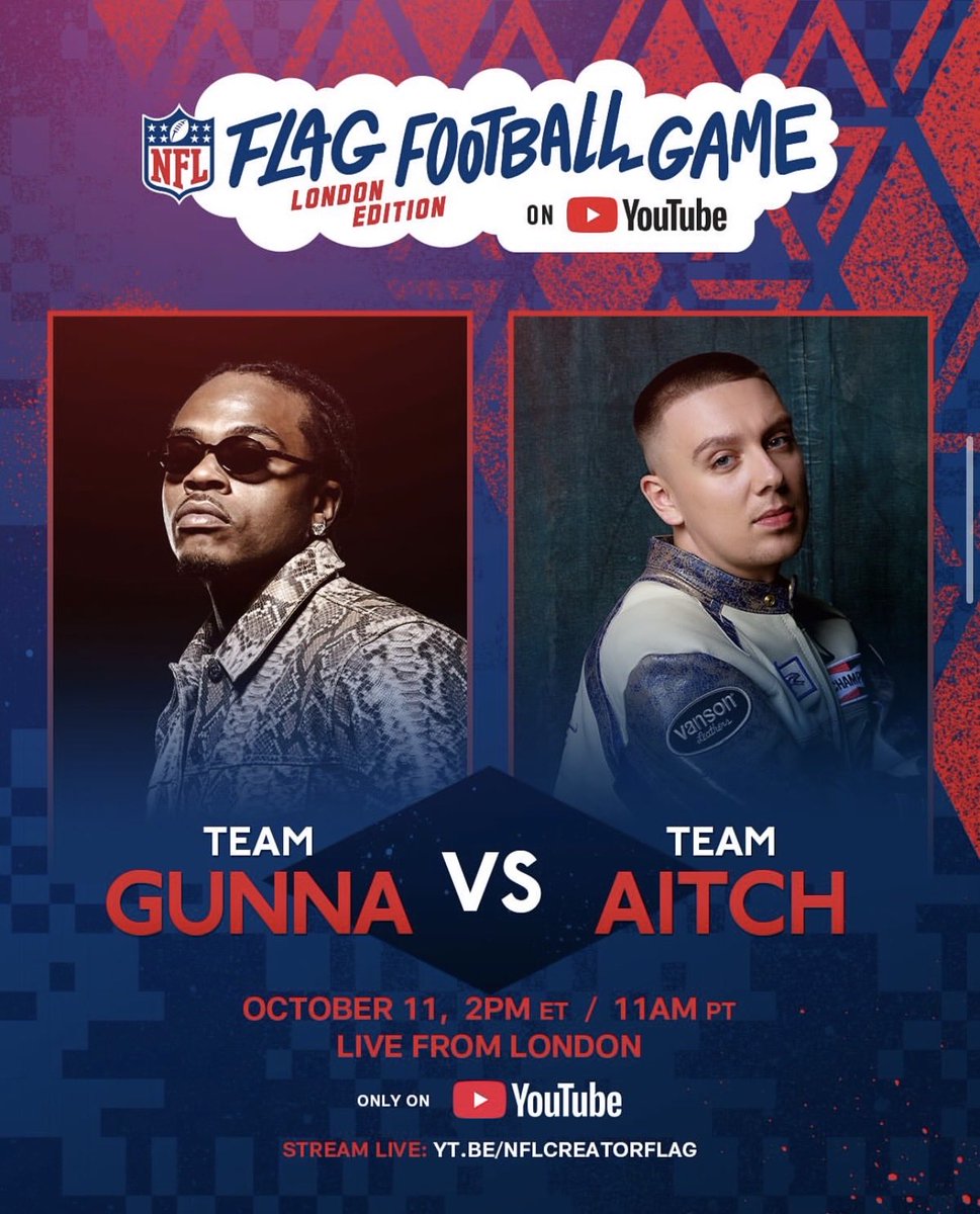 🚨TEAM GUNNA VS TEAM AITCH🚨
‼️Tomorrow 2pm ET / 11am PT ‼️
🏟️ <a href="/CopperBoxArena/">Copper Box Arena</a> 🏟️
💻 Stream live on NFL <a href="/YouTube/">YouTube</a> 💻