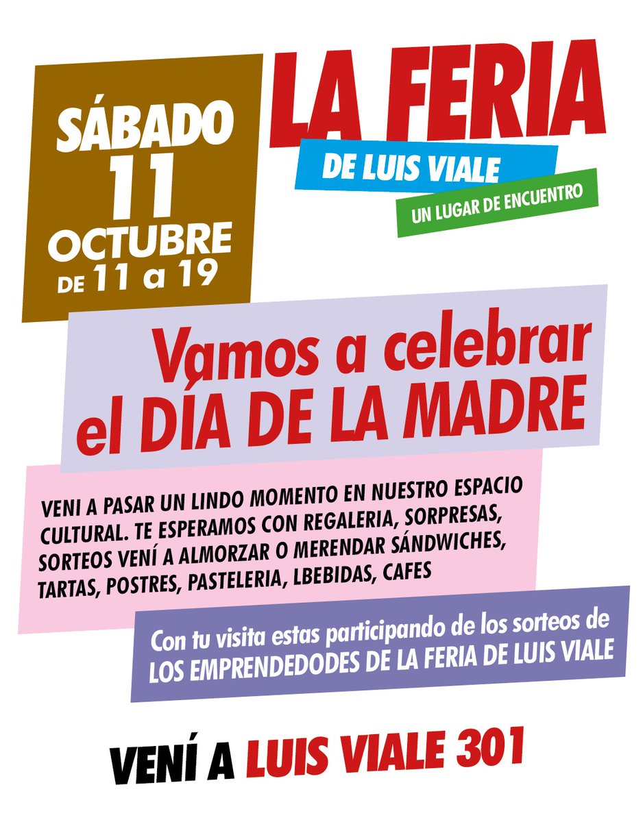 Fernand77352545's tweet photo. Vení a celebrar el día  de al madre en la Feria de Luis Viale. 
Un lugar de encuentros.
Feria de emprendedores,música en vivo, sorteos, gastronomía. https://t.co/lsUCoLESbT