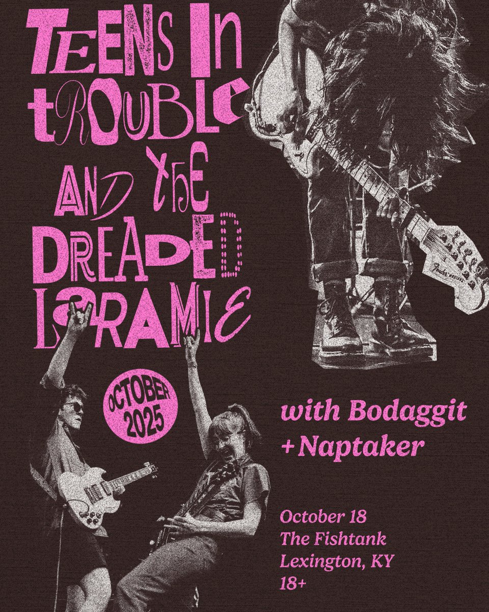Yo! We will be at The Fishtank next Saturday, October 18th! Doors at 7, Music at 8, $10 cover, show is 18 and up! Hosting the incredible bands <a href="/TheDreadedLarry/">The Dreaded Laramie</a> and <a href="/teensintrouble/">Teens in Trouble</a> as they come through Lexington, it will be a literal ton of fun, see you all there!