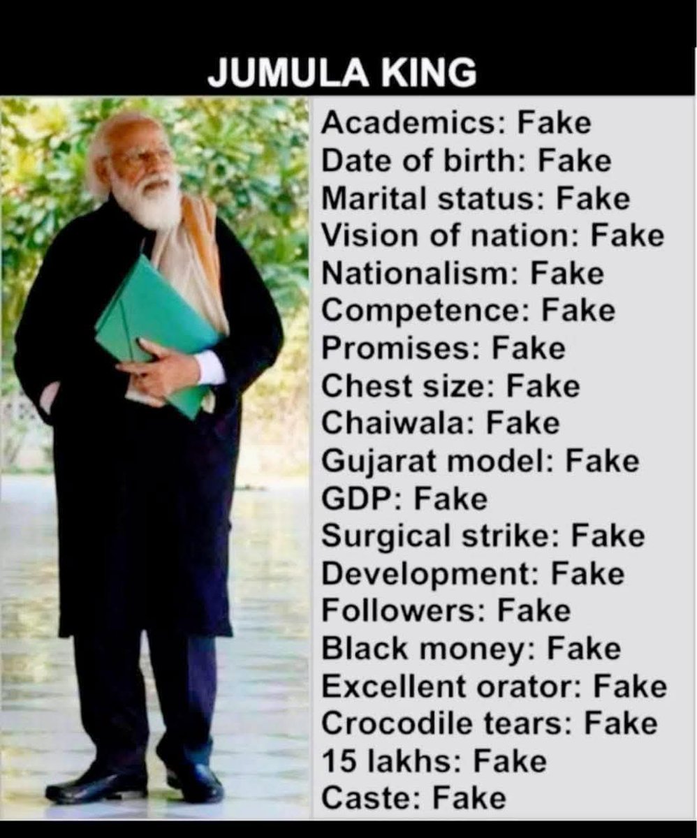 RavinderKapur2's tweet image. &quot;Fake degree. Fake promises. Fake pride. Truly, India’s original Jumla Brand Ambassador.&quot; 🔥🔥