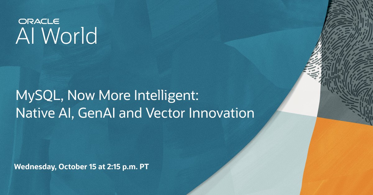 mysql_community's tweet image. Join us at #AIWorld for MySQL, Now More Intelligent: Native AI, GenAI & Vector Innovation session!
See how MySQL is evolving with native AI, GenAI, in-database LLMs, built-in AutoML, and vector processing fully compatible on-premises or in the cloud.
👉 social.ora.cl/6017AtXlF