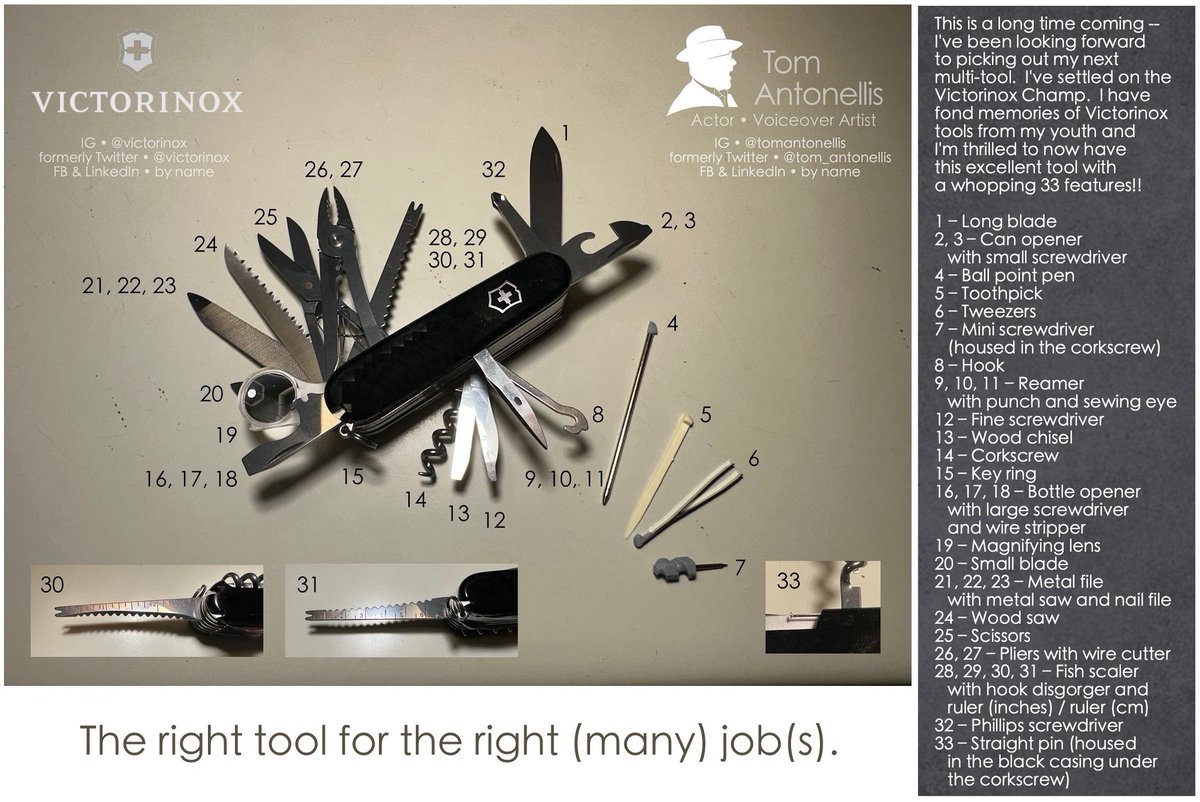 The right tool for the right (many) job(s)!

A long time coming! I’ve been looking forward to picking out my next multi-tool &amp; I settled on a great one from <a href="/Victorinox/">Victorinox</a> !

[Zoom in on pic for more or visit my other social media w/out char. limits &amp; w/less AI issues (IG/FB/LIn)]