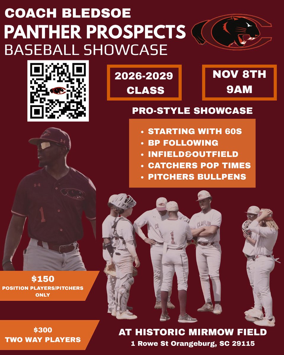 Coach Bledsoe’s Panther Prospects Baseball Showcase
📅 Nov. 8 | 🕘 Reg. 9 AM | 📍 Historic Mirmow Field

2026–2029 grads: show your skills in a pro-style workout!

🔗 Register here: docs.google.com/forms/d/e/1FAI…