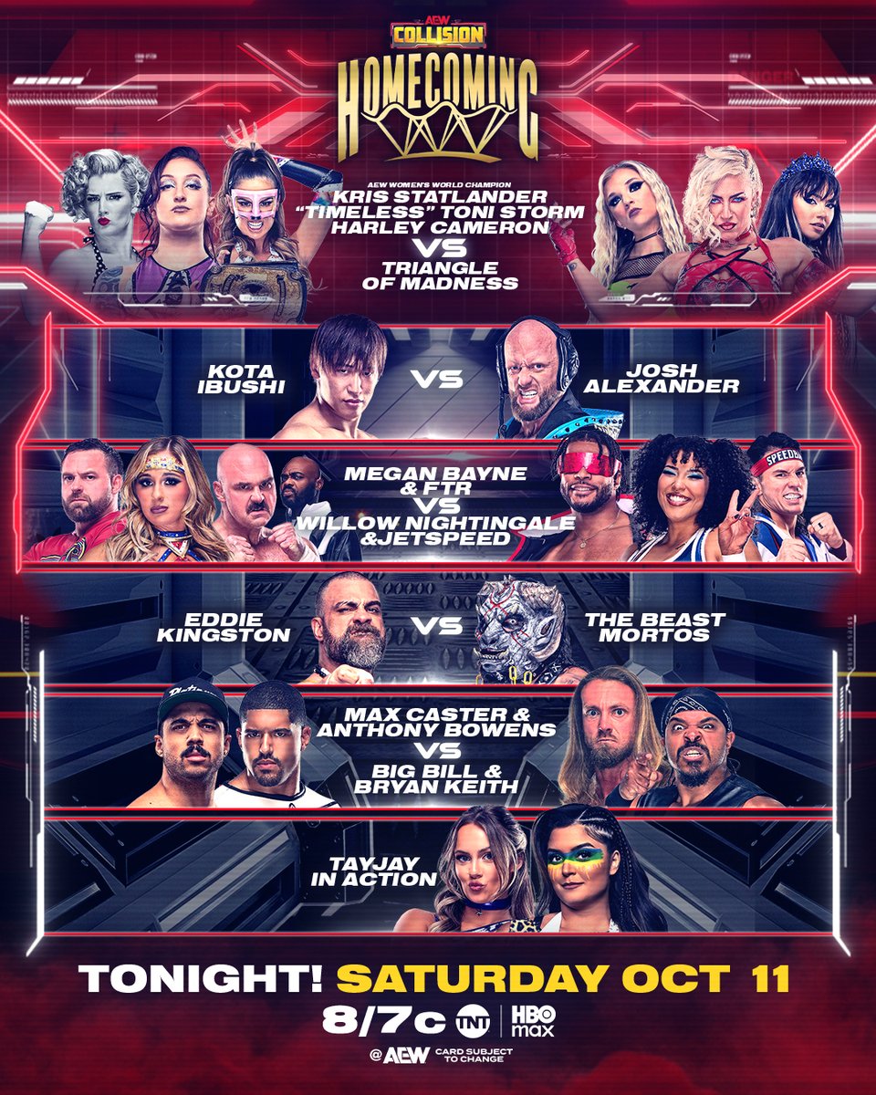 AEW's tweet image. 🚨 IN ONE HOUR! 🚨

#AEWCollision Homecoming is almost here!

Join us for another exciting night at @DailysPlace at 8/7c on @TNTDrama + @SportsOnMAX, TONIGHT!