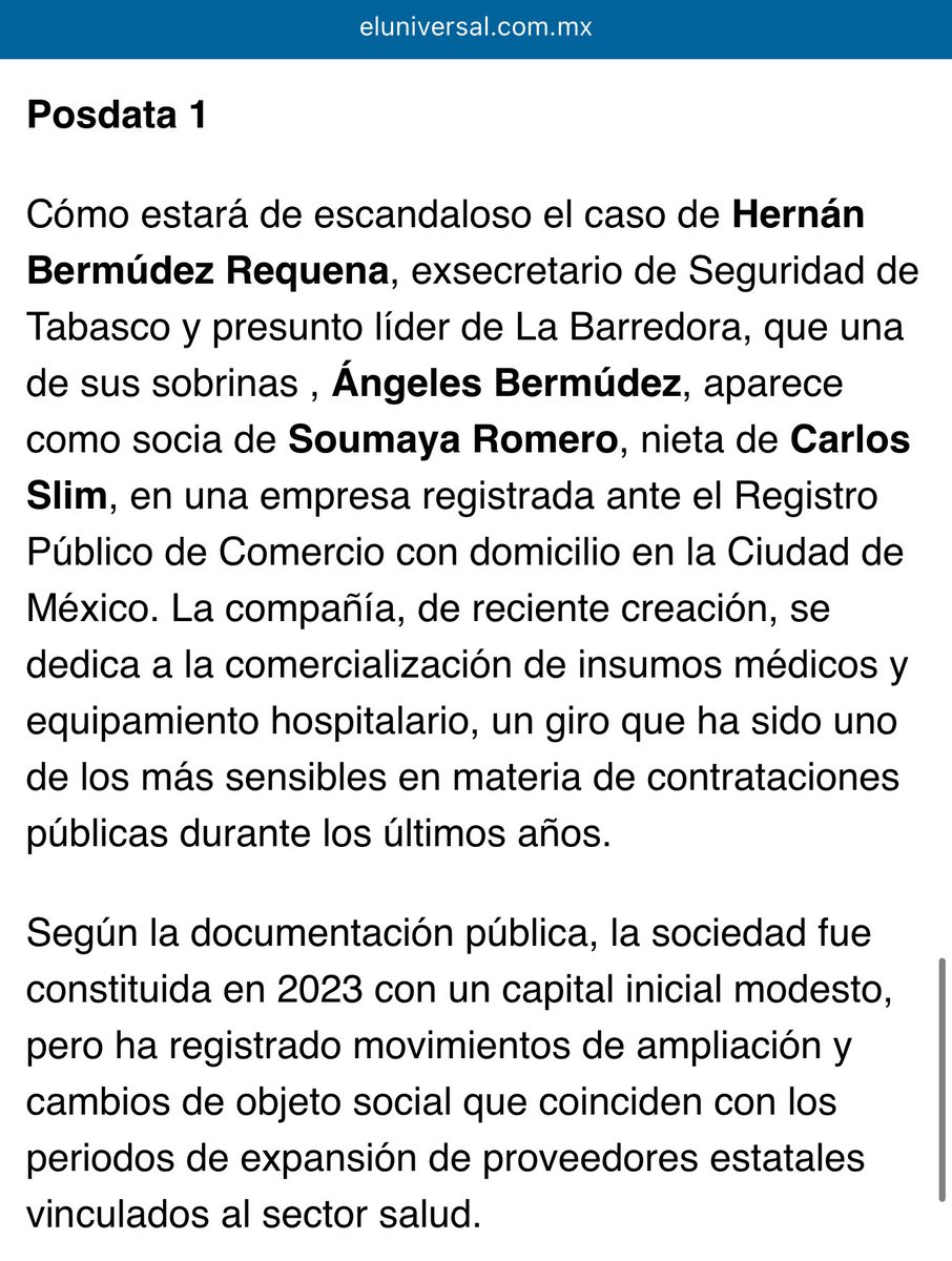 MarioMal's tweet image. Posdata 1

Cómo estará de relacionado el entorno de Hernán Bermúdez Requena, exsecretario de Seguridad de Tabasco y presunto líder de La Barredora, que una de sus sobrinas, Ángeles Bermúdez, aparece como socia de Soumaya Romero, nieta de Carlos Slim, en una empresa registrada…