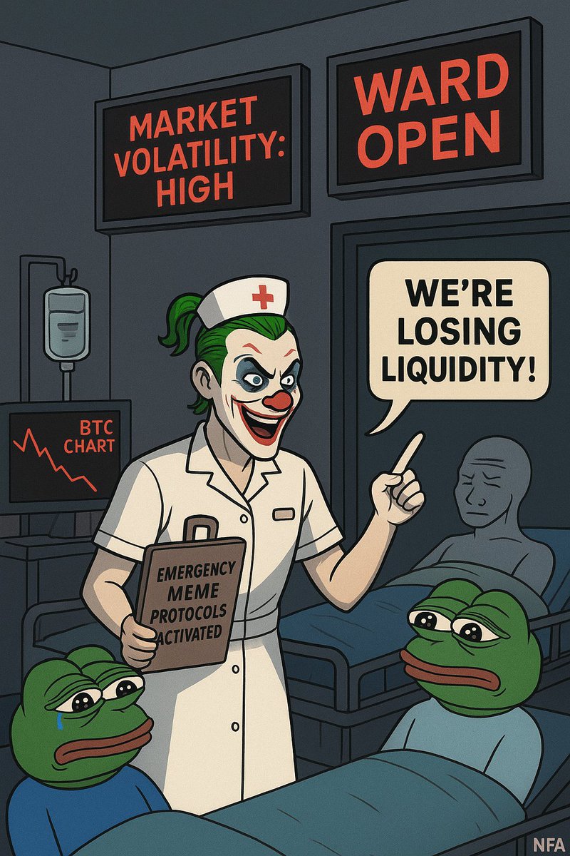 🚨 Emergency Room full tonight thanks to $BTC.

Symptoms: leverage induced heart failure, portfolio shock, and unrealized pain.

Nurse Chaos recommends $ECT every 4 hours + 8 hours of hopium rest.. also an extra dose of cope serum.

NFA 💊😂