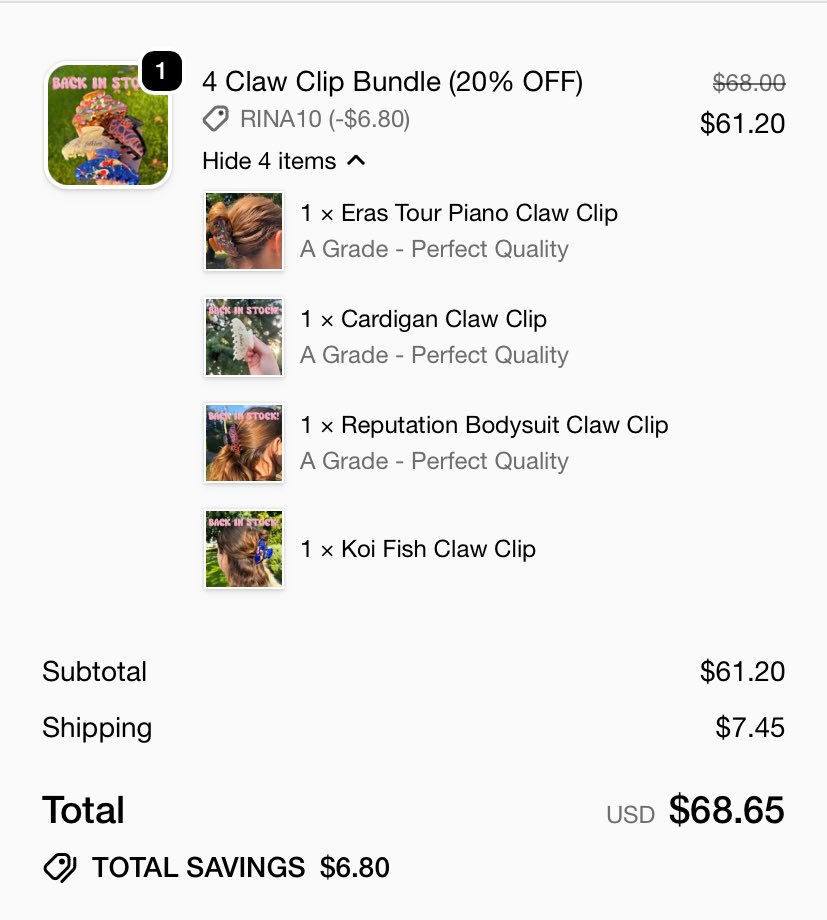 Imagine buying four showgirl claw clips + tax ($80+) OR getting four beautiful, stunning original claw clips from a small swiftie business (<a href="/ResinRina/">resin rina 🧈</a>) for less than $20 a clip if you join the mailing list!! Buy from small businesses and get quality products people!!