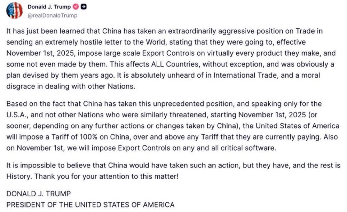 Rajpal_BJP's tweet image. Trump announces new 100% tariff on all goods from China from Nov. 1st on top of all current tariffs
The U.S. will also impose export controls “on any and all critical software” #TariffWar #USChina #InternationalTrade