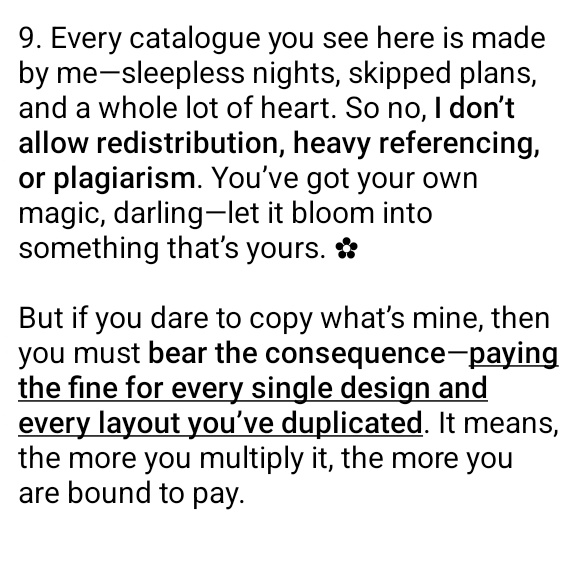 Saya officially stated sekarang ya, saya gak mengizinkan sama sekali layout saya untuk dijadikan inspo apalagi dijiplak dan diperbanyak. Sudah ditambahkan juga di tnc ch tele. Kalau hal ini terulang (yang saya harap engga) kalian gak bisa lagi beralasan gak tau.