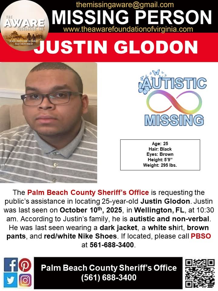 aware_the's tweet photo. ***MISSING*** WELLINGTON, FL
The PBSO - Palm Beach County Sheriff's Office is requesting the public’s assistance in locating 25-year-old Justin Glodon. Justin was last seen on October 10th, 2025, in Wellington, FL, at 10:30 am. According to Justin’s family, he is autistic and non-verbal. He was last seen wearing a dark jacket, a white shirt, brown pants, and red/white Nike Shoes. If located, please call PBSO at 561-688-3400.
#JustinGlodon #MissingInFlorida #wellingtonflorida #TheAWAREFoundationInc