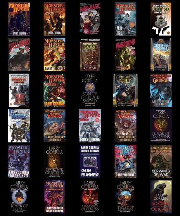 bhg70's tweet image. My collection of Larry Correia novels. He&apos;s published 30 since his debut in 2009. 20 solo, 10 collaborations. I&apos;ve enjoyed every single one of them, reading each one at least twice -- except for Academy of Outcasts because it just came out this week. #NowReading @monsterhunter45
