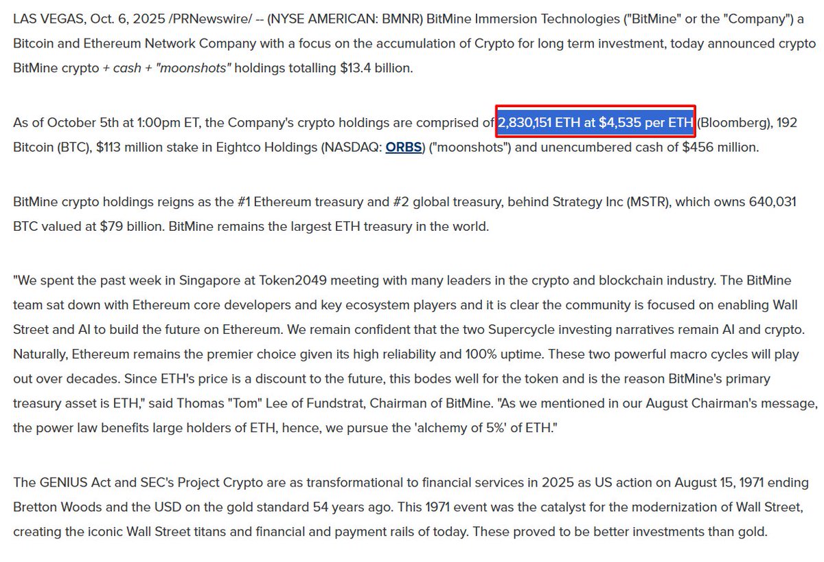 Screenshot of BitMine's press release highlighting ETH holdings