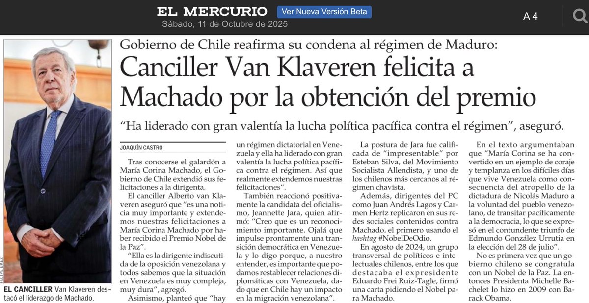 El gobierno de Chile liderado por el presidente Boric felicita a María Corina Machado por el Premio Nobel de La Paz 2025 y reafirma su condena a la dictadura chavista de Nicolás Maduro.
👉🏼digital.elmercurio.com/2025/10/11/A/B…
