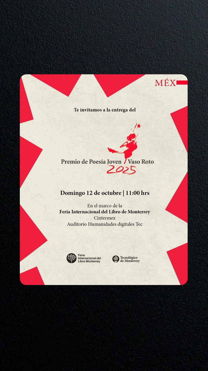 Inundemos el mundo de poemas. Rubén Esparza Arizpe es el poeta ganador del tercer Premio de Poesía Joven Vaso Roto 2025 por su libro Los cuadernos del agua.
La premiación se realizará el domingo 12 de octubre a las 11 horas en el marco de la Feria Internacional del Libro de MTY
