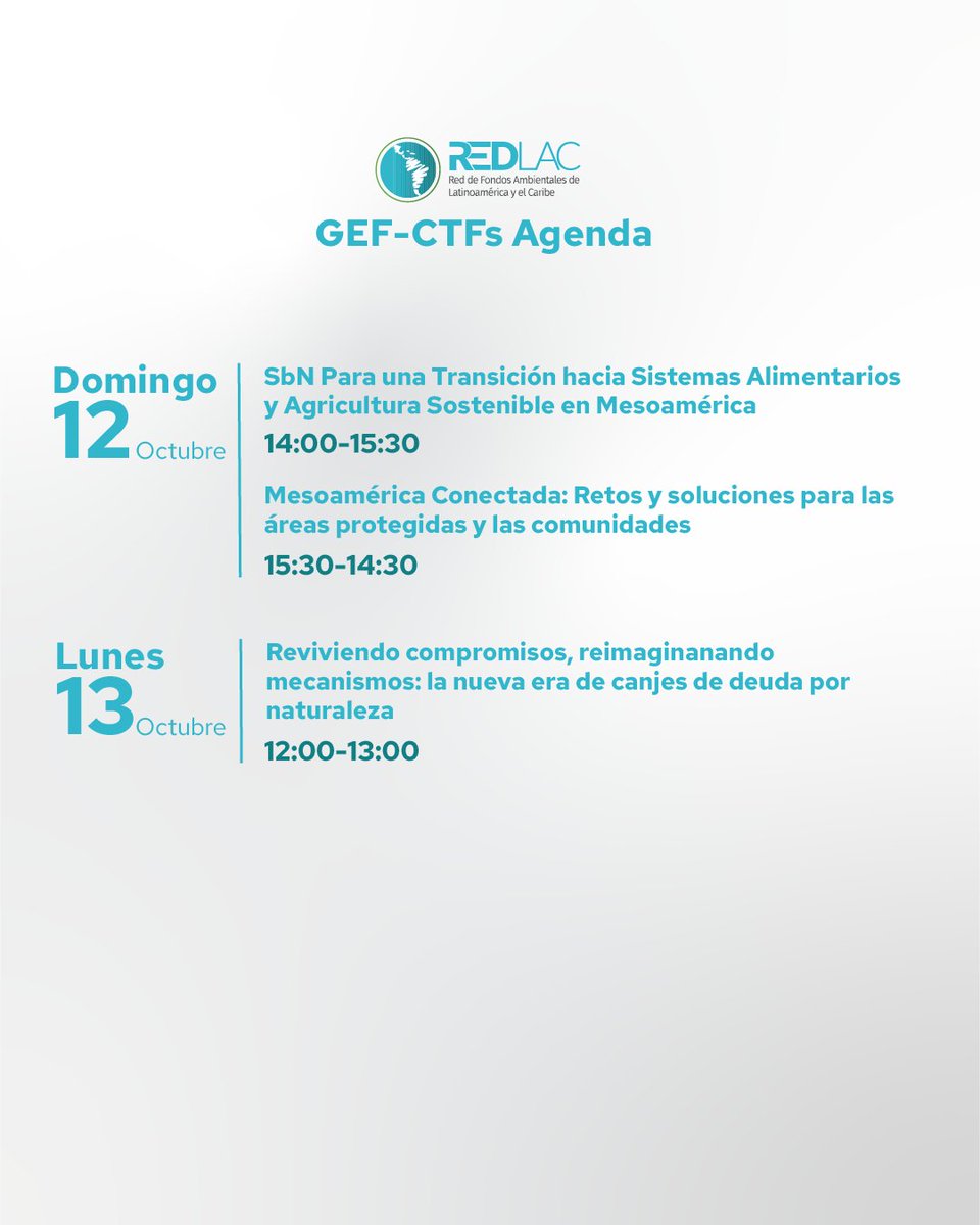 #RedLAC || 🌿🌍 ¡RedLAC y sus Fondos Ambientales están presentes en el Congreso Mundial de la Naturaleza de la UICN en Abu Dhabi!
📍 Acompáñanos en el Pabellón del GEF para una serie de paneles

#RedLAC #IUCN2025 #CTFs